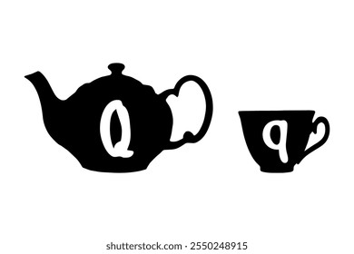 Teapot and tea cup retro tag with Latin letter Q on white background