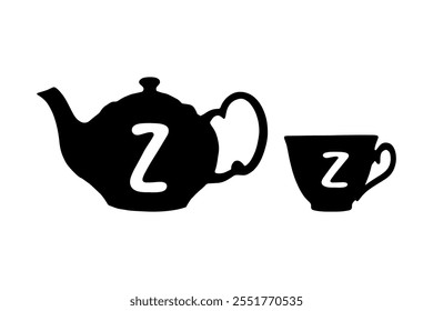 Teapot and tea cup retro tag with Latin letter Z on white background