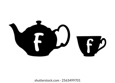 Teapot and tea cup retro tag with Latin letter F on white background