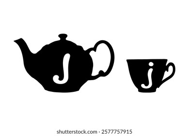 Teapot and tea cup retro tag with Latin letter J on white background