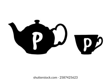 Teapot and tea cup retro tag with Latin letter P on white background