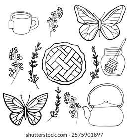 teapot, tea cup, tea set. black and white doodle hand drawn illustration