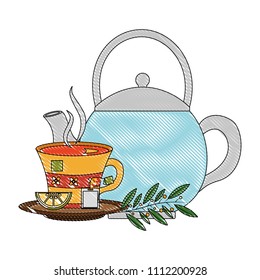 teapot tea cup with slice lemon mint branch