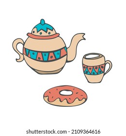 Teapot, tea cup, sweet donut set. Hand drawn ethnic doodle cartoon style, sketchy brush stroke drawing, colored isolated elements. Vector tea time clipart illustration