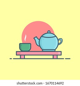 Teapot and Tea Cup Vector Illustration. Soft Colored Vector. Flat Cartoon Style Suitable for Web Landing Page, Banner, Flyer, Sticker, Wallpaper, Background