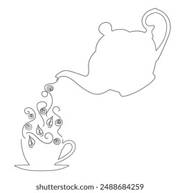 Teapot and tea cup vector one line continuous drawing illustration. Pouring drink. Hand drawn linear Minimal outline design element for print, banner, card, brochure.