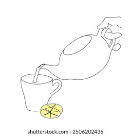 Teapot and tea cup vector one line continuous drawing illustration. Pouring drink. Hand drawn linear silhouette icon. Minimal outline design element for print, banner, card, brochure. Tea time. 