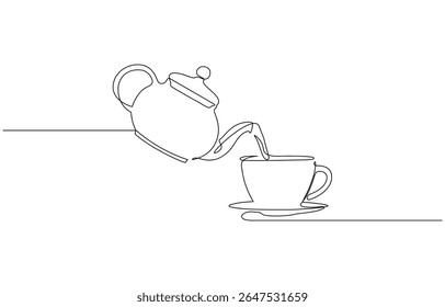 Teapot and tea cup vector one line continuous drawing illustration. Pouring drink. Teapot pouring tea to the cup in continuous one line drawing. Single line art draw of Teapot. Editable vector.
