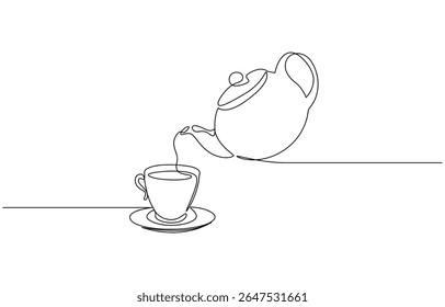 Teapot and tea cup vector one line continuous drawing illustration. Pouring drink. Teapot pouring tea to the cup in continuous one line drawing. Single line art draw of Teapot. Editable vector.