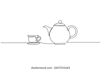 Teapot and tea cup vector one line continuous drawing illustration. Pouring drink. Teapot pouring tea to the cup in continuous one line drawing. Single line art draw of Teapot. Editable vector.