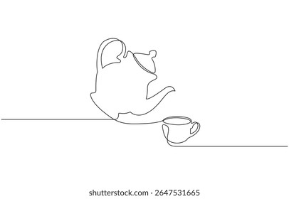 Teapot and tea cup vector one line continuous drawing illustration. Pouring drink. Teapot pouring tea to the cup in continuous one line drawing. Single line art draw of Teapot. Editable vector.