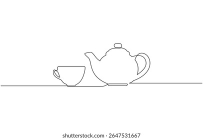 Teapot and tea cup vector one line continuous drawing illustration. Pouring drink. Teapot pouring tea to the cup in continuous one line drawing. Single line art draw of Teapot. Editable vector.