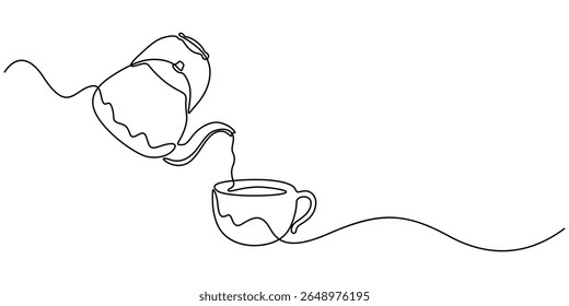 Bule de chá e xícara de chá vetor uma linha desenho contínuo ilustração. Derramando bebida. Ícone de silhueta linear desenhado à mão, Bule com uma ilustração de desenho de contorno de xícara. Elemento mínimo de design da estrutura de tópicos.