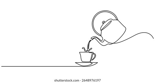 Bule de chá e xícara de chá vetor uma linha desenho contínuo ilustração. Derramando bebida. Ícone de silhueta linear desenhado à mão, Bule com uma ilustração de desenho de contorno de xícara. Elemento mínimo de design da estrutura de tópicos.