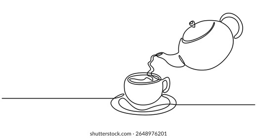 Bule de chá e xícara de chá vetor uma linha desenho contínuo ilustração. Derramando bebida. Ícone de silhueta linear desenhado à mão, Bule com uma ilustração de desenho de contorno de xícara. Elemento mínimo de design da estrutura de tópicos.