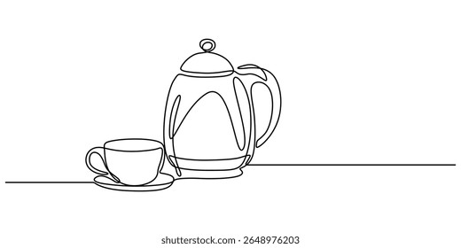 Bule de chá e xícara de chá vetor uma linha desenho contínuo ilustração. Derramando bebida. Ícone de silhueta linear desenhado à mão, Bule com uma ilustração de desenho de contorno de xícara. Elemento mínimo de design da estrutura de tópicos.