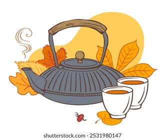 teapot and tea cups with autumn leaves, warm tones, and steam, perfect for seasonal posters, tea branding, recipe cards, autumn-themed designs