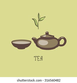 Teapot and tea cups with china tea.