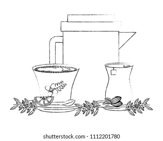 teapot and tea cups fresh lemon leaves