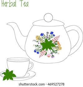 teapot with tea cups, herbal, green, vector illustration