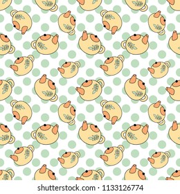 Teapot tea is drawn on a polka dot background in a Cute seamless pattern.