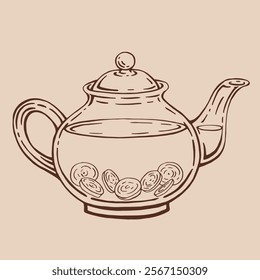 Teapot of tea with ginger. Hand drawn vector illustration in outline style.