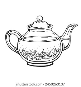 Teapot of tea with healthy tea, hibiscus. Hand drawn vector illustration.