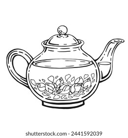 Teapot of tea with healthy tea, rose. Hand drawn vector illustration.