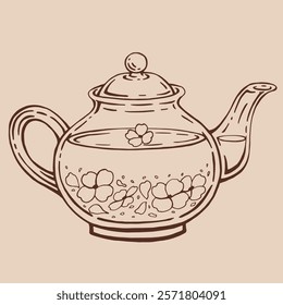 Teapot of tea with jasmine. Hand drawn vector illustration in outline style.