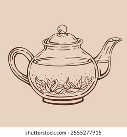 Teapot of tea with karkade. Hand drawn vector illustration in outline style.