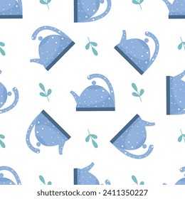 La tetera y las hojas de té de fondo. Patrón sin foco con tetera de follaje y cocina. Impresión culinaria para textiles, embalaje y diseño, ilustración vectorial