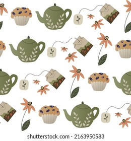teapot with tea leaves, cupcake, flower and tea bag. cute tea party ricer. wallpaper, background, pattern