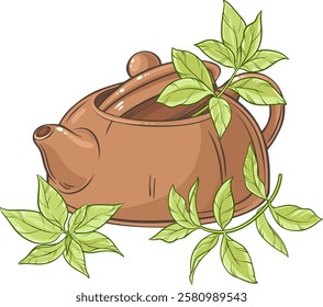 teapot and tea leaves isolated illustration