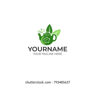 Teapot and tea leaves logo template. Tea drink vector design. Food illustration