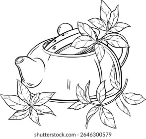 teapot with tea leaves outline illustration
