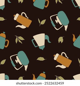 Theepot Tea Leaves Naadloze Patroon Illustratie Ontwerp