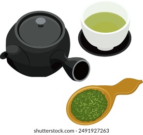 Teapot, Tea,  Leaves, Teacup, Icon, Illustration, Vector, Japanese , Drinkware, Accessories, Utensils, Beverage