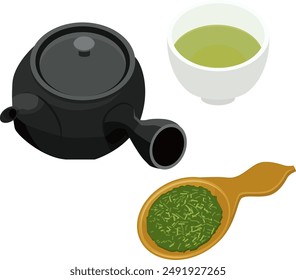 Teapot, Tea,  Leaves, Teacup, Icon, Illustration, Vector, Japanese , Drinkware, Accessories, Utensils, Beverage