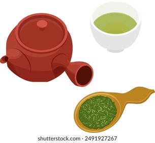 Teapot, Tea,  Leaves, Teacup, Icon, Illustration, Vector, Japanese , Drinkware, Accessories, Utensils, Beverage