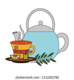 teapot with tea of lemon and leaves isolated icon