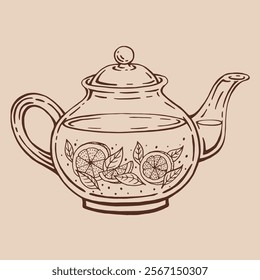 Teapot of tea with lemon slices, tea leaves. Hand drawn vector illustration in outline style.