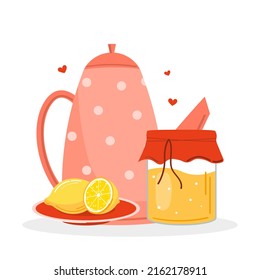 Teapot, tea, lemons and honey. Summer vitamins. Toast and jam with fresh fruit. Cute card or print, vector illustration