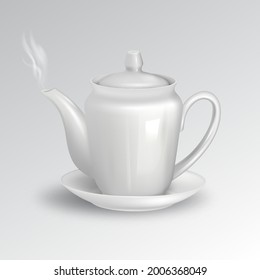 Teapot with tea on a saucer. A steaming hot drink.Мock-up.Ceramic products.Template for design.3D.Vector photorealistic illustration.   