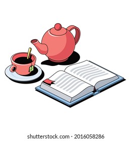 Teapot, tea, open book. Vector 3d sketch line isometric, color icon illustration, flat style. Creative design idea and elements for infographics and website.