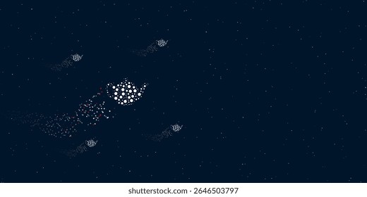 A teapot for tea symbol filled with dots flies through the stars leaving a trail behind. There are four small symbols around. Vector illustration on dark blue background with stars