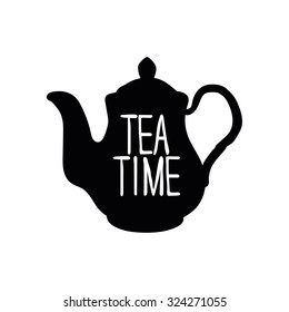 Teapot. Tea time. Black pattern on white background.
