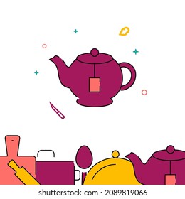 Teapot with teabag filled line vector icon, simple illustration, related bottom border.