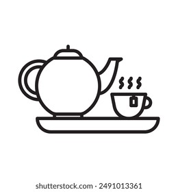 Teapot with teabag on cup icon Black line art vector logo