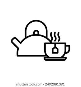 Teapot with teabag on cup icon linear logo mark in black and white
