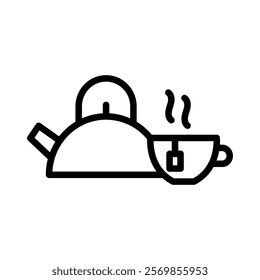 Teapot with teabag on cup icon Black and white outline vector